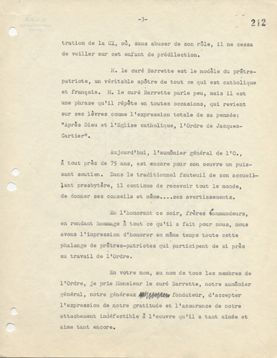 Biographie de l'abb&eacute; Fran&ccedil;ois-Xavier Barrette, 1952.