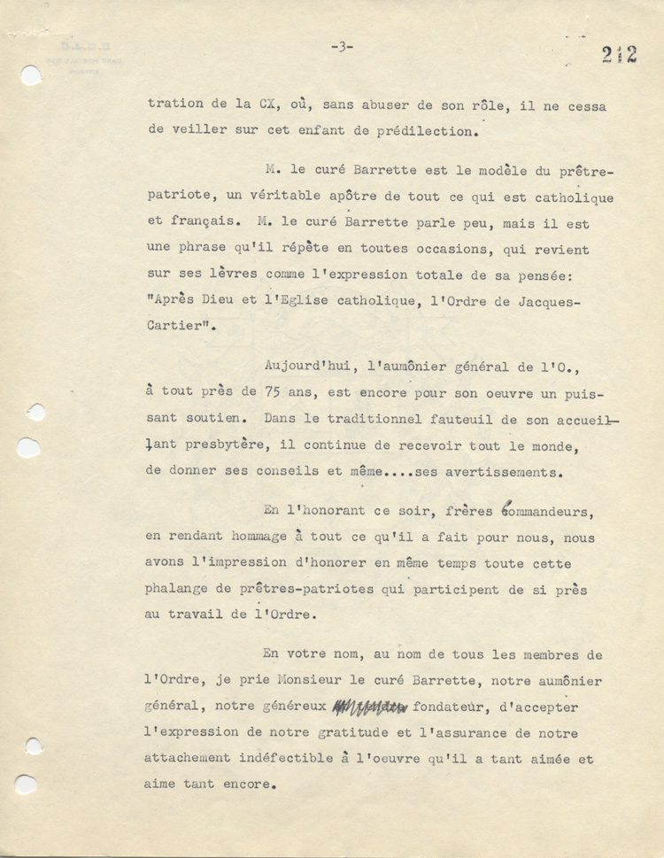 Biographie de l'abb&eacute; Fran&ccedil;ois-Xavier Barrette, 1952.