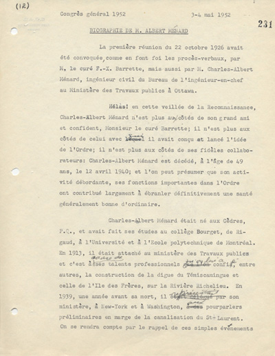 Biographie de Albert M&eacute;nard, 1952.