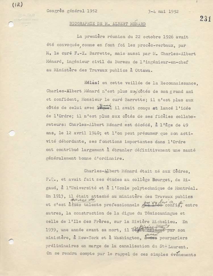 Biographie de Albert M&eacute;nard, 1952.