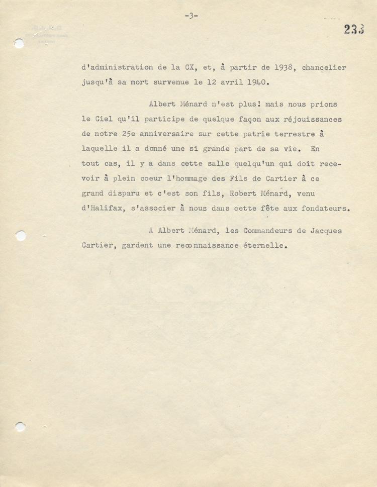 Biographie de Albert M&eacute;nard, 1952.