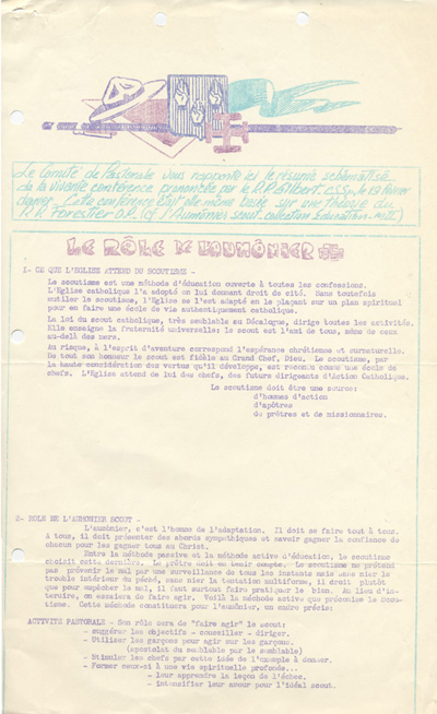 conf&eacute;rence prononc&eacute;e par le r&eacute;v&eacute;rend Gilbert sur &laquo; Le r&ocirc;le de l'aum&ocirc;nier &raquo; (1956)