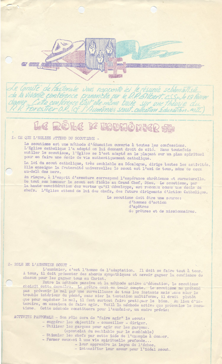 conf&eacute;rence prononc&eacute;e par le r&eacute;v&eacute;rend Gilbert sur &laquo; Le r&ocirc;le de l'aum&ocirc;nier &raquo; (1956)