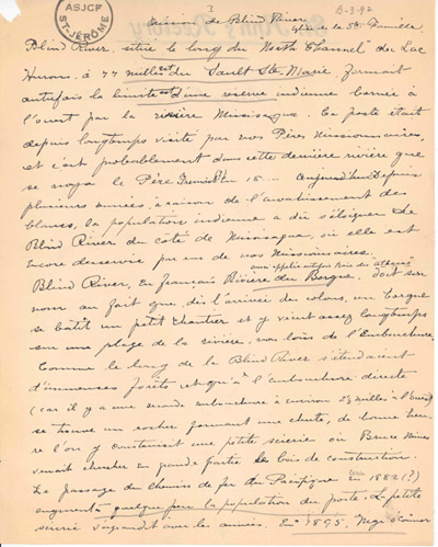 Reproduction de la premi&egrave;re page de notes historiques d’un p&egrave;re j&eacute;suites sur le d&eacute;veloppement de Blind River (Ontario), de 1880 &agrave; 1906, ca 1906.