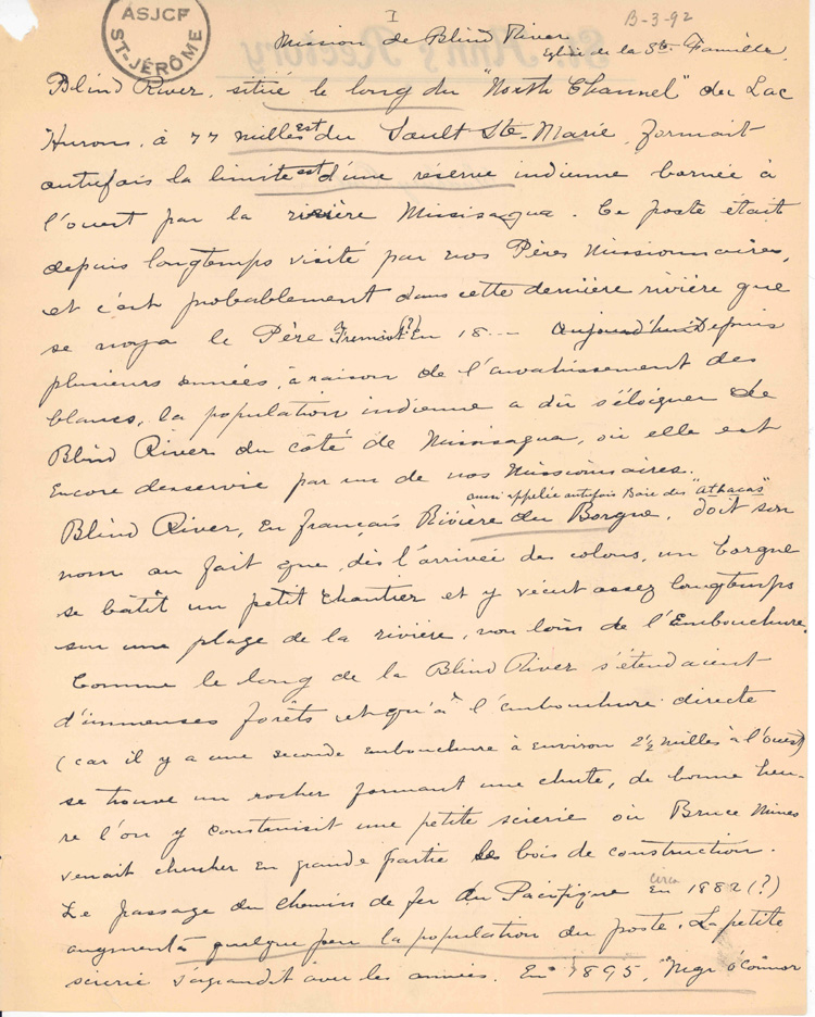 Reproduction de la premi&egrave;re page de notes historiques d’un p&egrave;re j&eacute;suites sur le d&eacute;veloppement de Blind River (Ontario), de 1880 &agrave; 1906, ca 1906.