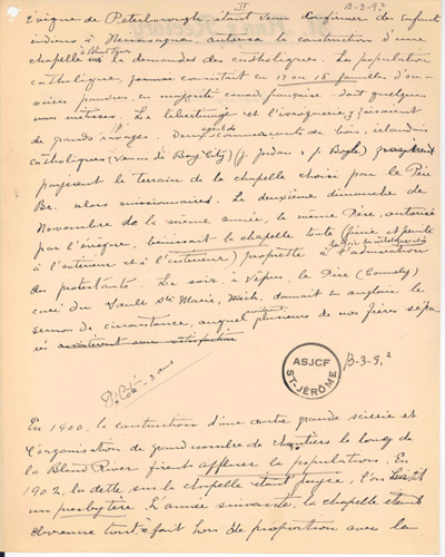 Reproduction de la deuxi&egrave;me page de notes historiques d’un p&egrave;re j&eacute;suites sur le d&eacute;veloppement de Blind River (Ontario), de 1880 &agrave; 1906, ca 1906.