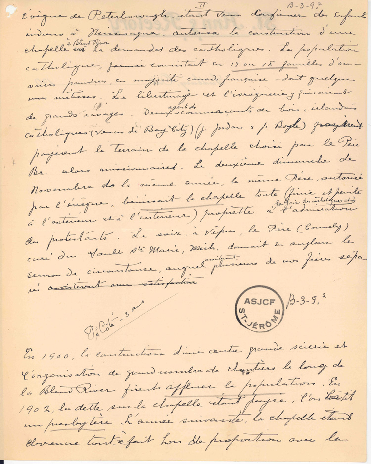 Reproduction de la deuxi&egrave;me page de notes historiques d’un p&egrave;re j&eacute;suites sur le d&eacute;veloppement de Blind River (Ontario), de 1880 &agrave; 1906, ca 1906.