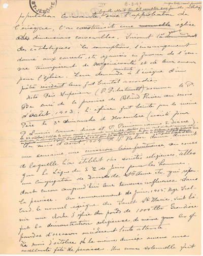 Reproduction de la troisi&egrave;me page de notes historiques d’un p&egrave;re j&eacute;suites sur le d&eacute;veloppement de Blind River (Ontario), de 1880 &agrave; 1906, ca 1906.