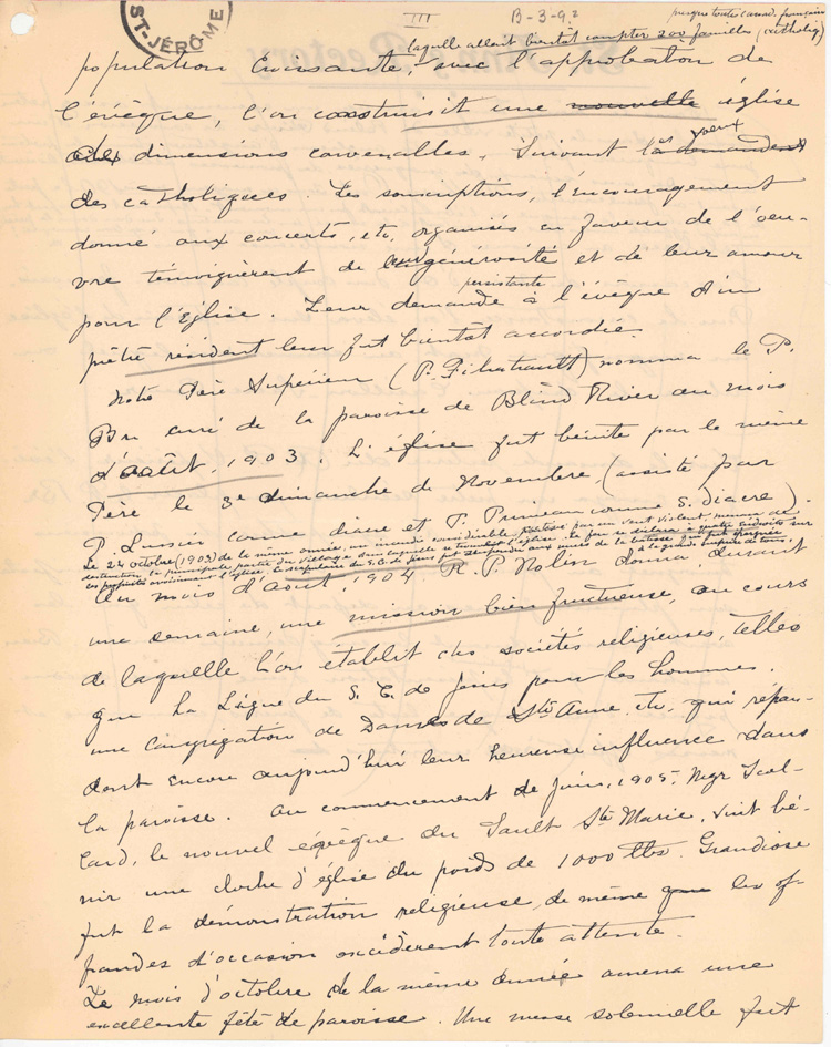Reproduction de la troisi&egrave;me page de notes historiques d’un p&egrave;re j&eacute;suites sur le d&eacute;veloppement de Blind River (Ontario), de 1880 &agrave; 1906, ca 1906.
