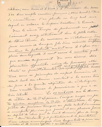 Reproduction de la quatri&egrave;me page de notes historiques d’un p&egrave;re j&eacute;suites sur le d&eacute;veloppement de Blind River (Ontario), de 1880 &agrave; 1906, ca 1906.