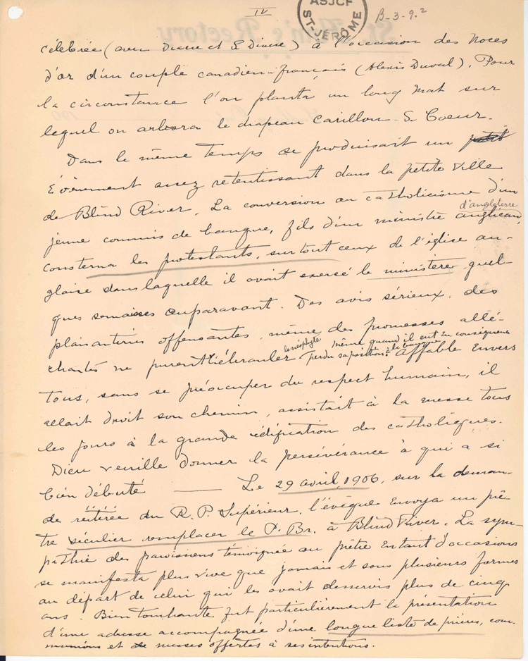 Reproduction de la quatri&egrave;me page de notes historiques d’un p&egrave;re j&eacute;suites sur le d&eacute;veloppement de Blind River (Ontario), de 1880 &agrave; 1906, ca 1906.