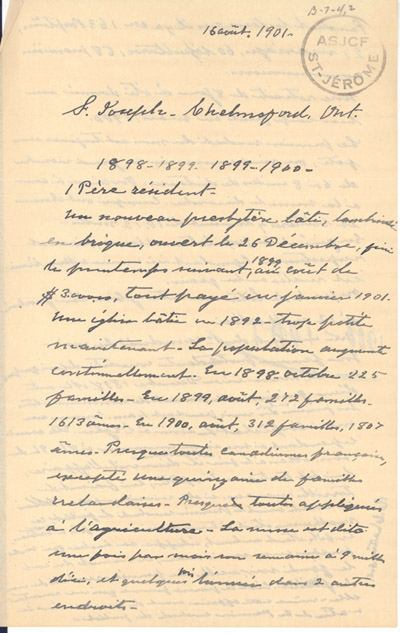 Reproduction de la premi&egrave;re page de notes historiques d’un p&egrave;re j&eacute;suite sur le d&eacute;veloppement de Saint-Joseph de Chelmsford (Ontario) de 1898 &agrave; 1900, 16 ao&ucirc;t 1901.
