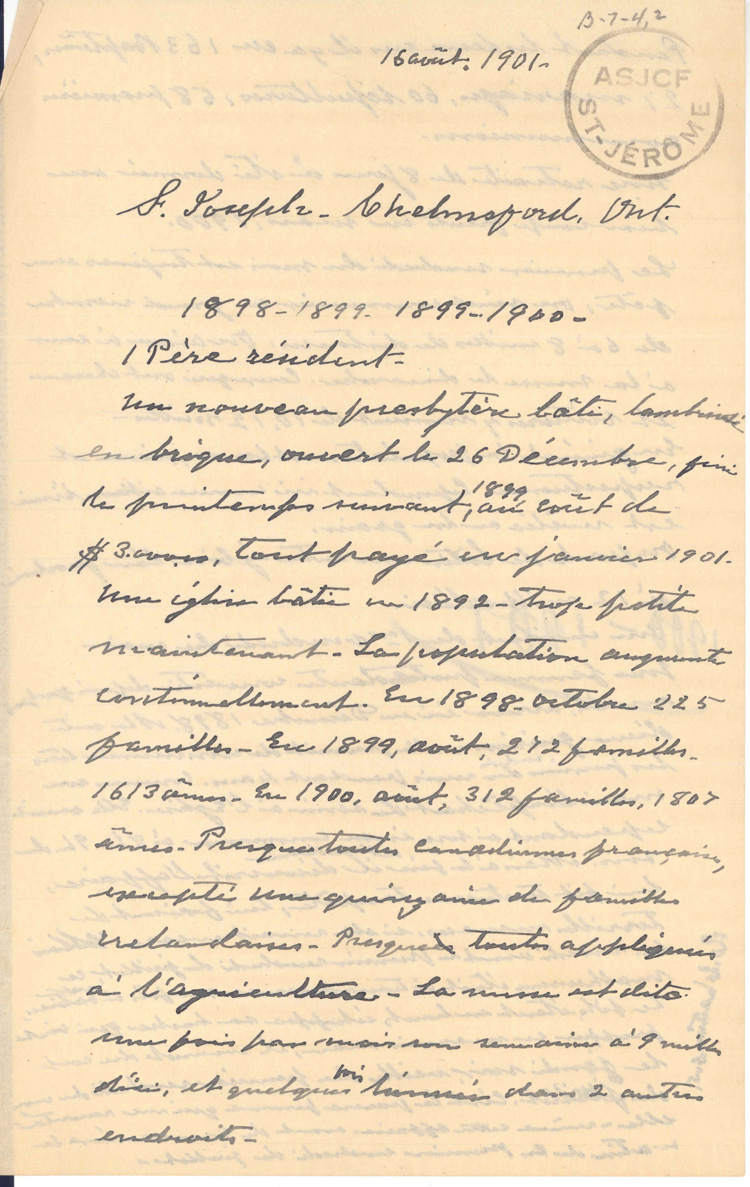 Reproduction de la premi&egrave;re page de notes historiques d’un p&egrave;re j&eacute;suite sur le d&eacute;veloppement de Saint-Joseph de Chelmsford (Ontario) de 1898 &agrave; 1900, 16 ao&ucirc;t 1901.