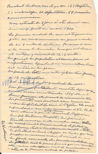 Reproduction de la deuxi&egrave;me page de notes historiques d’un p&egrave;re j&eacute;suite sur le d&eacute;veloppement de Saint-Joseph de Chelmsford (Ontario) de 1898 &agrave; 1900, 16 ao&ucirc;t 1901.