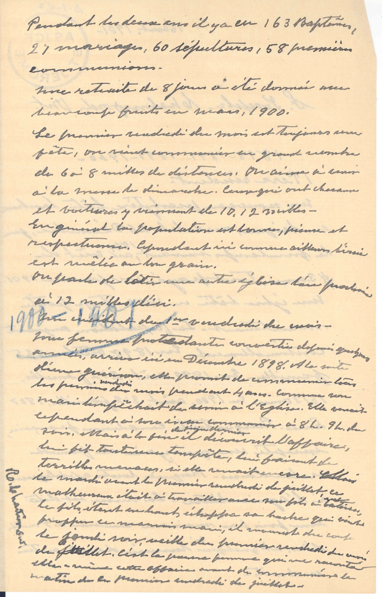Reproduction de la deuxi&egrave;me page de notes historiques d’un p&egrave;re j&eacute;suite sur le d&eacute;veloppement de Saint-Joseph de Chelmsford (Ontario) de 1898 &agrave; 1900, 16 ao&ucirc;t 1901.
