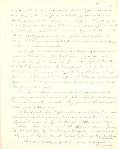 Reproduction de la deuxi&egrave;me page d’une lettre du p&egrave;re Louis H&eacute;roux de Sudbury (Ontario), d&eacute;crivant les pressions de Mgr Michael Francis Fallon pour &eacute;liminer les &eacute;coles bilingues en Ontario, 7 ao&ucirc;t 1913.