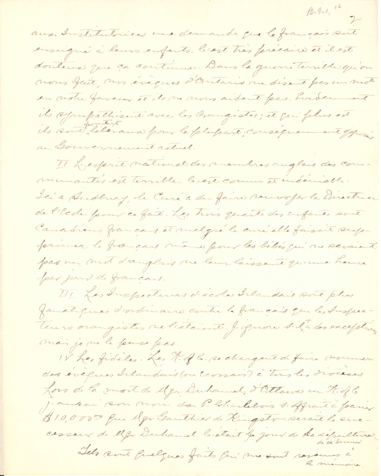 Reproduction de la deuxi&egrave;me page d’une lettre du p&egrave;re Louis H&eacute;roux de Sudbury (Ontario), d&eacute;crivant les pressions de Mgr Michael Francis Fallon pour &eacute;liminer les &eacute;coles bilingues en Ontario, 7 ao&ucirc;t 1913.