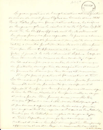Reproduction de la troisi&egrave;me page d’une lettre du p&egrave;re Louis H&eacute;roux de Sudbury (Ontario), d&eacute;crivant les pressions de Mgr Michael Francis Fallon pour &eacute;liminer les &eacute;coles bilingues en Ontario, 7 ao&ucirc;t 1913.