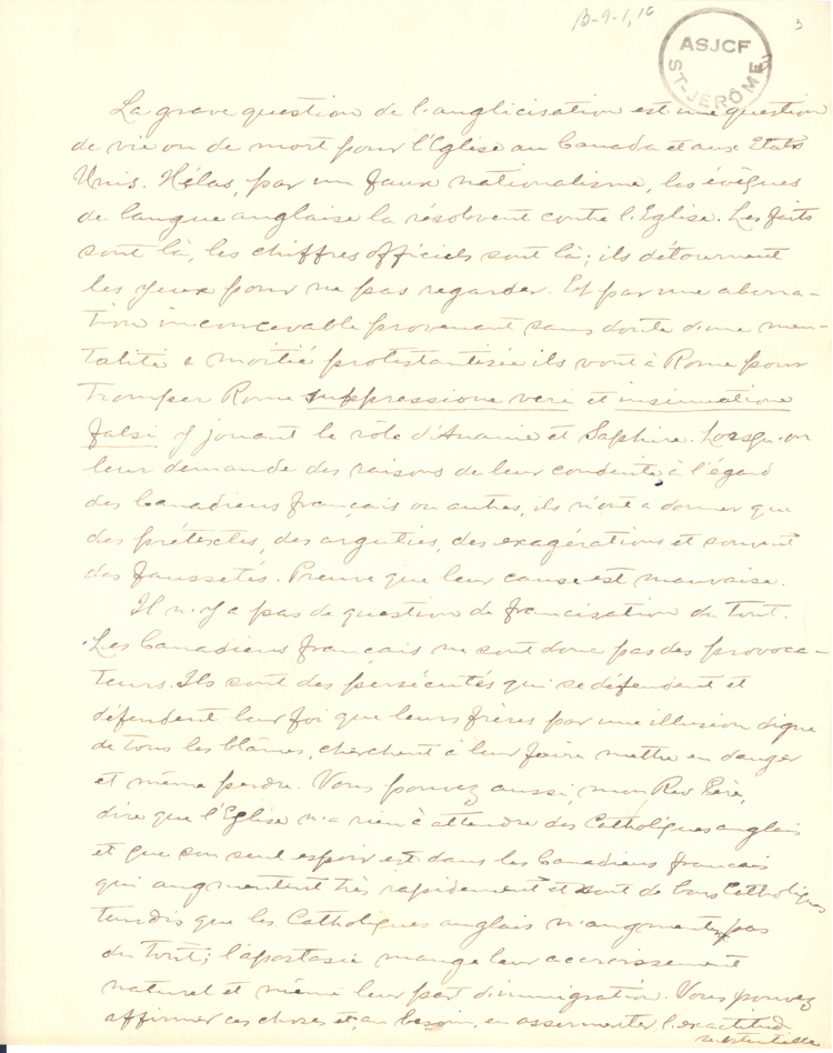Reproduction de la troisi&egrave;me page d’une lettre du p&egrave;re Louis H&eacute;roux de Sudbury (Ontario), d&eacute;crivant les pressions de Mgr Michael Francis Fallon pour &eacute;liminer les &eacute;coles bilingues en Ontario, 7 ao&ucirc;t 1913.
