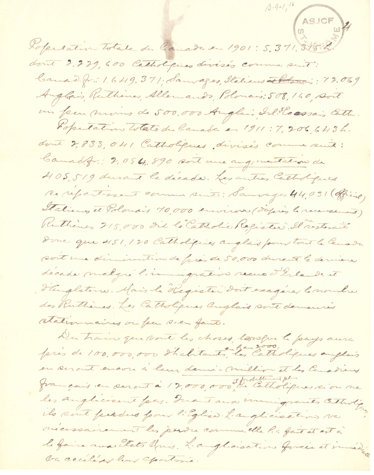 Reproduction de la quatri&egrave;me page d’une lettre du p&egrave;re Louis H&eacute;roux de Sudbury (Ontario), d&eacute;crivant les pressions de Mgr Michael Francis Fallon pour &eacute;liminer les &eacute;coles bilingues en Ontario, 7 ao&ucirc;t 1913.