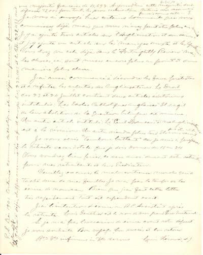 Reproduction de la cinqui&egrave;me page d’une lettre du p&egrave;re Louis H&eacute;roux de Sudbury (Ontario), d&eacute;crivant les pressions de Mgr Michael Francis Fallon pour &eacute;liminer les &eacute;coles bilingues en Ontario, 7 ao&ucirc;t 1913.