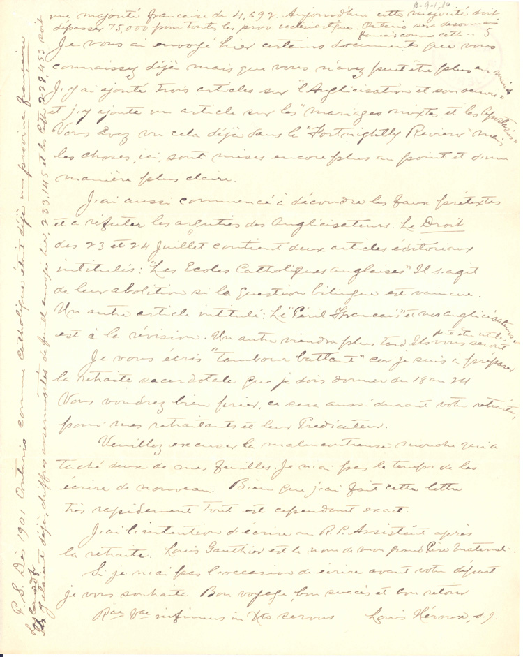 Reproduction de la cinqui&egrave;me page d’une lettre du p&egrave;re Louis H&eacute;roux de Sudbury (Ontario), d&eacute;crivant les pressions de Mgr Michael Francis Fallon pour &eacute;liminer les &eacute;coles bilingues en Ontario, 7 ao&ucirc;t 1913.