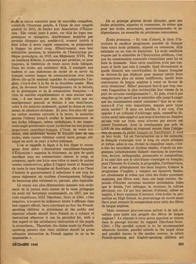 Reproduction de la trois cent vingt-troisi&egrave;me page du num&eacute;ro d&eacute;cembre 1942 de la revue Relations, comprenant un article de Ad&eacute;lard Chartrand intitul&eacute; L’&eacute;cole fran&ccedil;aise en Ontario, 1942.
