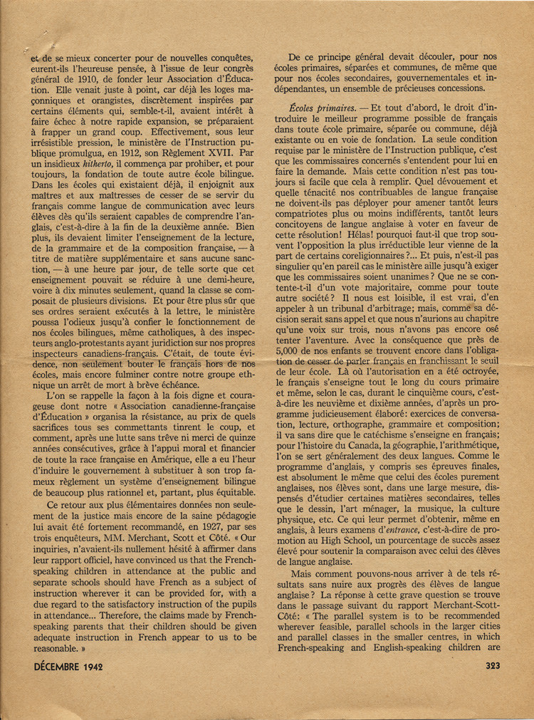 Reproduction de la trois cent vingt-troisi&egrave;me page du num&eacute;ro d&eacute;cembre 1942 de la revue Relations, comprenant un article de Ad&eacute;lard Chartrand intitul&eacute; L’&eacute;cole fran&ccedil;aise en Ontario, 1942.