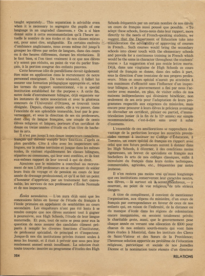 Reproduction de la trois cent vingt-quatri&egrave;me page du num&eacute;ro d&eacute;cembre 1942 de la revue Relations, comprenant un article de Ad&eacute;lard Chartrand intitul&eacute; L’&eacute;cole fran&ccedil;aise en Ontario, 1942.