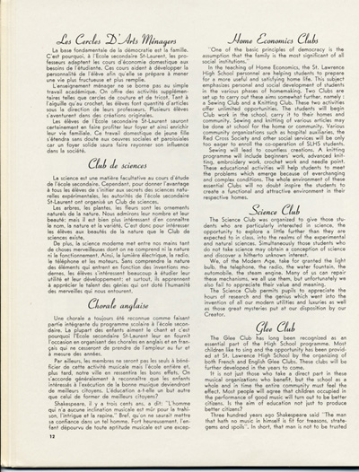 Reproduction de la douzi&egrave;me page de Souvenir, l’album de l’inauguration officielle de l’&Eacute;cole secondaire St-Laurent de Cornwall (Ontario), comprenant la description des Cercles d’arts m&eacute;nager, du Club de sciences et de la Chorale anglaise, juin 1951.