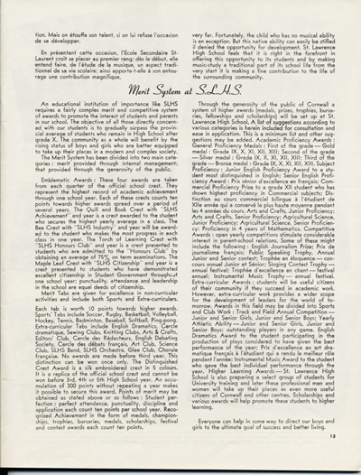 Reproduction de la treizi&egrave;me page de Souvenir, l’album de l’inauguration officielle de l’&Eacute;cole secondaire St-Laurent de Cornwall (Ontario), comprenant la description de la Chorale anglaise et du syst&egrave;me de m&eacute;rite scolaire, juin 1951.