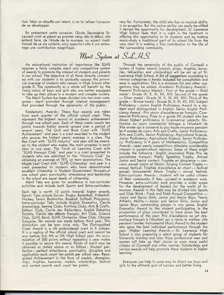 Reproduction de la treizième page de Souvenir, l’album de l’inauguration officielle de l’École secondaire St-Laurent de Cornwall (Ontario), comprenant la description de la Chorale anglaise et du système de mérite scolaire, juin 1951.