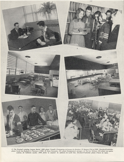 Reproduction de la quatorzi&egrave;me page de Souvenir, l&middot;album de l&middot;inauguration officielle de l&middot;&Eacute;cole secondaire St-Laurent de Cornwall (Ontario), comprenant des photographies du bureau du principal, du cercle des &eacute;tudiants &agrave; l&middot;honneur, de l&middot;enseignement m&eacute;nager, des quatre cuisines, du comptoir de la caf&eacute;t&eacute;ria et l&middot;heure du repas &agrave; la caf&eacute;t&eacute;ria, juin 1951.