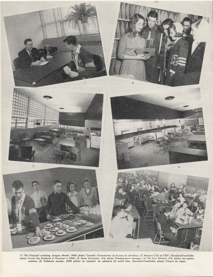 Reproduction de la quatorzi&egrave;me page de Souvenir, l&middot;album de l&middot;inauguration officielle de l&middot;&Eacute;cole secondaire St-Laurent de Cornwall (Ontario), comprenant des photographies du bureau du principal, du cercle des &eacute;tudiants &agrave; l&middot;honneur, de l&middot;enseignement m&eacute;nager, des quatre cuisines, du comptoir de la caf&eacute;t&eacute;ria et l&middot;heure du repas &agrave; la caf&eacute;t&eacute;ria, juin 1951.