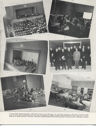 Reproduction de la seizi&egrave;me page de Souvenir, l’album de l’inauguration officielle de l’&Eacute;cole secondaire St-Laurent de Cornwall (Ontario), comprenant des photographies du concours annuel d’&eacute;loquence, du programme audio-visuel, de la fanfare de l’&eacute;cole, du clerg&eacute; pour l’&eacute;ducation religieuse de cours d’&eacute;ducation physique et de couture, juin 1951.