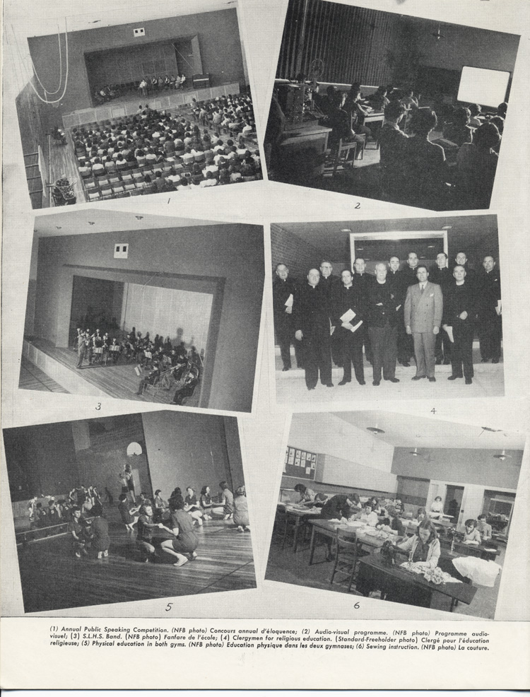 Reproduction de la seizième page de Souvenir, l’album de l’inauguration officielle de l’École secondaire St-Laurent de Cornwall (Ontario), comprenant des photographies du concours annuel d’éloquence, du programme audio-visuel, de la fanfare de l’école, du clergé pour l’éducation religieuse de cours d’éducation physique et de couture, juin 1951.