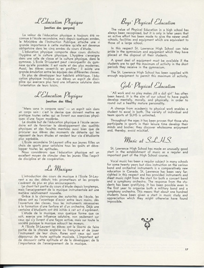 Reproduction de la dix-septi&egrave;me page de Souvenir, l’album de l’inauguration officielle de l’&Eacute;cole secondaire St-Laurent de Cornwall (Ontario), comprenant la description des sections masculine et f&eacute;minine d’&eacute;ducation physique et le programme de musique, juin 1951.