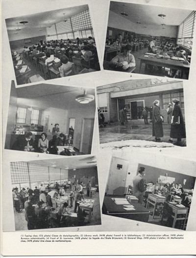Reproduction de la dix-huiti&egrave;me page de Souvenir, l’album de l’inauguration officielle de l’&Eacute;cole secondaire St-Laurent de Cornwall (Ontario), comprenant des photographies d’une classe de dactylographique, de la biblioth&egrave;que, des bureaux administratifs, de la facade de l’&eacute;cole, de l’atelier et d’une classe de math&eacute;matiques, juin 1951.