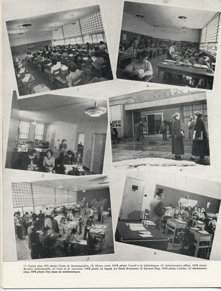 Reproduction de la dix-huiti&egrave;me page de Souvenir, l’album de l’inauguration officielle de l’&Eacute;cole secondaire St-Laurent de Cornwall (Ontario), comprenant des photographies d’une classe de dactylographique, de la biblioth&egrave;que, des bureaux administratifs, de la facade de l’&eacute;cole, de l’atelier et d’une classe de math&eacute;matiques, juin 1951.