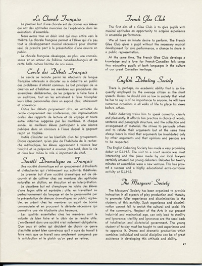 Reproduction de la vingt et uni&egrave;me page de Souvenir, l’album de l’inauguration officielle de l’&Eacute;cole secondaire St-Laurent de Cornwall (Ontario), comprenant la description de la Chorale fran&ccedil;aise, du Cercle des d&eacute;bats fran&ccedil;ais et de la Soci&eacute;t&eacute; dramatique en fran&ccedil;ais, juin 1951.