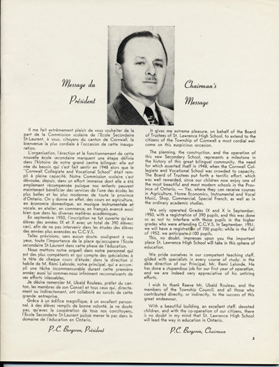 Reproduction de la troisi&egrave;me page de Souvenir, l’album de l’inauguration officielle de l’&Eacute;cole secondaire St-Laurent de Cornwall (Ontario), comprenant le message de P.-C. Bergeron, pr&eacute;sident de la Commission des &eacute;coles s&eacute;par&eacute;es catholiques de Cornwall lors de l’inauguration de l’&eacute;cole, juin 1951.