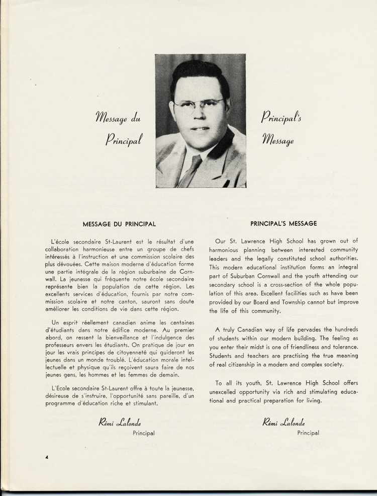 Reproduction de la quatri&egrave;me page de Souvenir, l’album de l’inauguration officielle de l’&Eacute;cole secondaire St-Laurent de Cornwall (Ontario), comprenant le message de R&eacute;mi Lalonde, principal de l’&Eacute;cole St-Laurent de Cornwall lors de l’inauguration de l’&eacute;cole, juin 1951.
