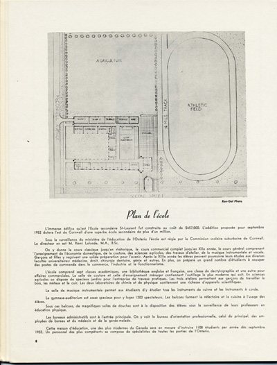 Reproduction de la huiti&egrave;me page de Souvenir, l’album de l’inauguration officielle de l’&Eacute;cole secondaire St-Laurent de Cornwall (Ontario), comprenant le plan de l’&eacute;cole, juin 1951.