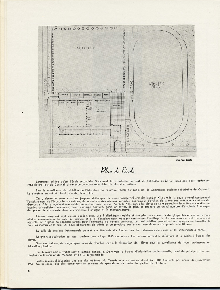 Reproduction de la huiti&egrave;me page de Souvenir, l’album de l’inauguration officielle de l’&Eacute;cole secondaire St-Laurent de Cornwall (Ontario), comprenant le plan de l’&eacute;cole, juin 1951.