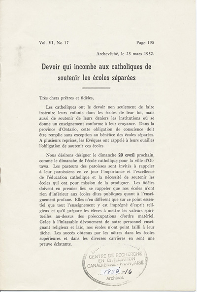 Reproduction de la cent quatre-vingt-quinzi&egrave;me page du dix-septi&egrave;me num&eacute;ro du sixi&egrave;me volume de Circulaires au clerg&eacute; du dioc&egrave;se d’Ottawa, 1940-1953, comprenant une lettre-circulaire de M<sup>gr</sup> Alexandre Vachon, archev&ecirc;que d’Ottawa, intitul&eacute;e Devoir qui incombe aux catholiques de soutenir les &eacute;coles s&eacute;par&eacute;es, 25 mars 1952.