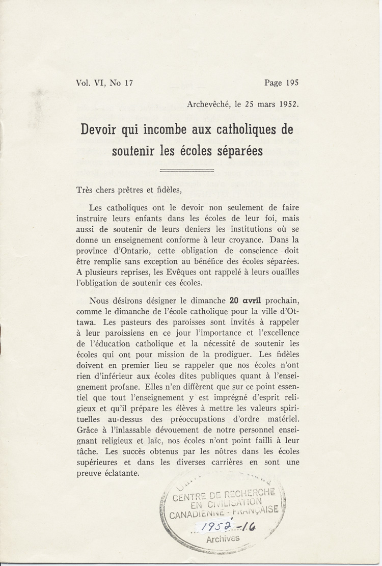 Reproduction de la cent quatre-vingt-quinzi&egrave;me page du dix-septi&egrave;me num&eacute;ro du sixi&egrave;me volume de Circulaires au clerg&eacute; du dioc&egrave;se d’Ottawa, 1940-1953, comprenant une lettre-circulaire de Mgr Alexandre Vachon, archev&ecirc;que d’Ottawa, intitul&eacute;e Devoir qui incombe aux catholiques de soutenir les &eacute;coles s&eacute;par&eacute;es, 25 mars 1952.