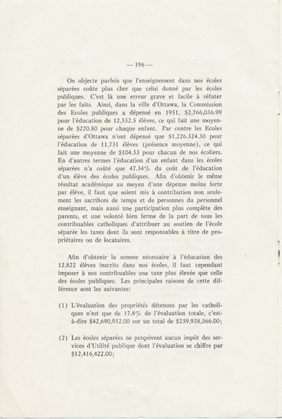 Reproduction de la cent quatre-vingt-seizi&egrave;me page du dix-septi&egrave;me num&eacute;ro du sixi&egrave;me volume de Circulaires au clerg&eacute; du dioc&egrave;se d’Ottawa, 1940-1953, comprenant une lettre-circulaire de Mgr Alexandre Vachon, archev&ecirc;que d’Ottawa, intitul&eacute;e Devoir qui incombe aux catholiques de soutenir les &eacute;coles s&eacute;par&eacute;es, 25 mars 1952.