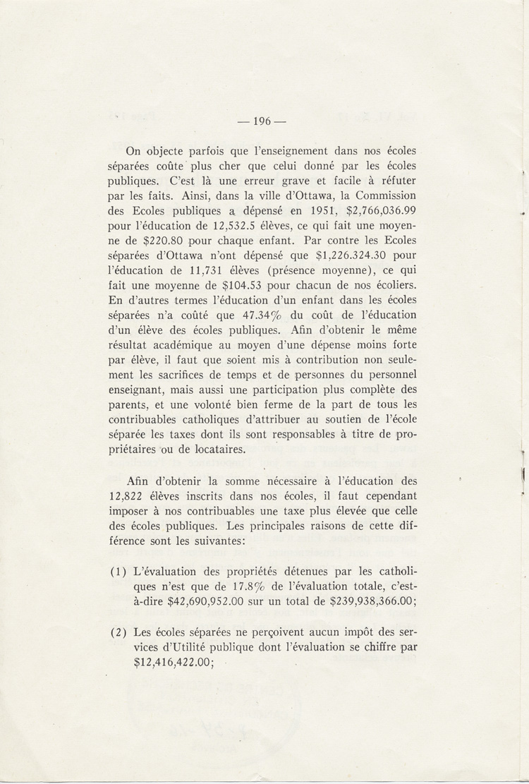 Reproduction de la cent quatre-vingt-seizi&egrave;me page du dix-septi&egrave;me num&eacute;ro du sixi&egrave;me volume de Circulaires au clerg&eacute; du dioc&egrave;se d’Ottawa, 1940-1953, comprenant une lettre-circulaire de Mgr Alexandre Vachon, archev&ecirc;que d’Ottawa, intitul&eacute;e Devoir qui incombe aux catholiques de soutenir les &eacute;coles s&eacute;par&eacute;es, 25 mars 1952.