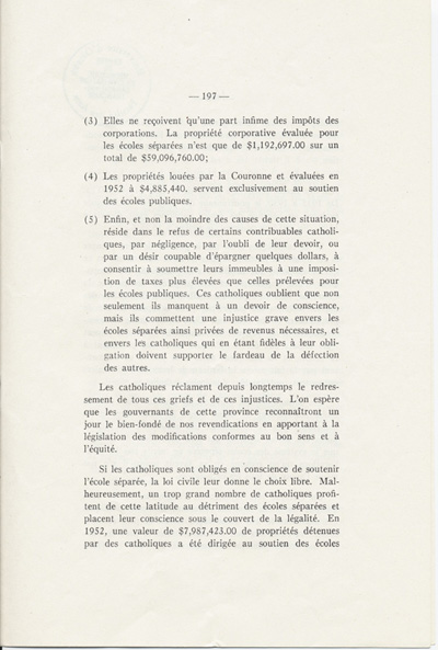 Reproduction de la cent quatre-vingt-dix-septi&egrave;me page du dix-septi&egrave;me num&eacute;ro du sixi&egrave;me volume de Circulaires au clerg&eacute; du dioc&egrave;se d’Ottawa, 1940-1953, comprenant une lettre-circulaire de Mgr Alexandre Vachon, archev&ecirc;que d’Ottawa, intitul&eacute;e Devoir qui incombe aux catholiques de soutenir les &eacute;coles s&eacute;par&eacute;es, 25 mars 1952.