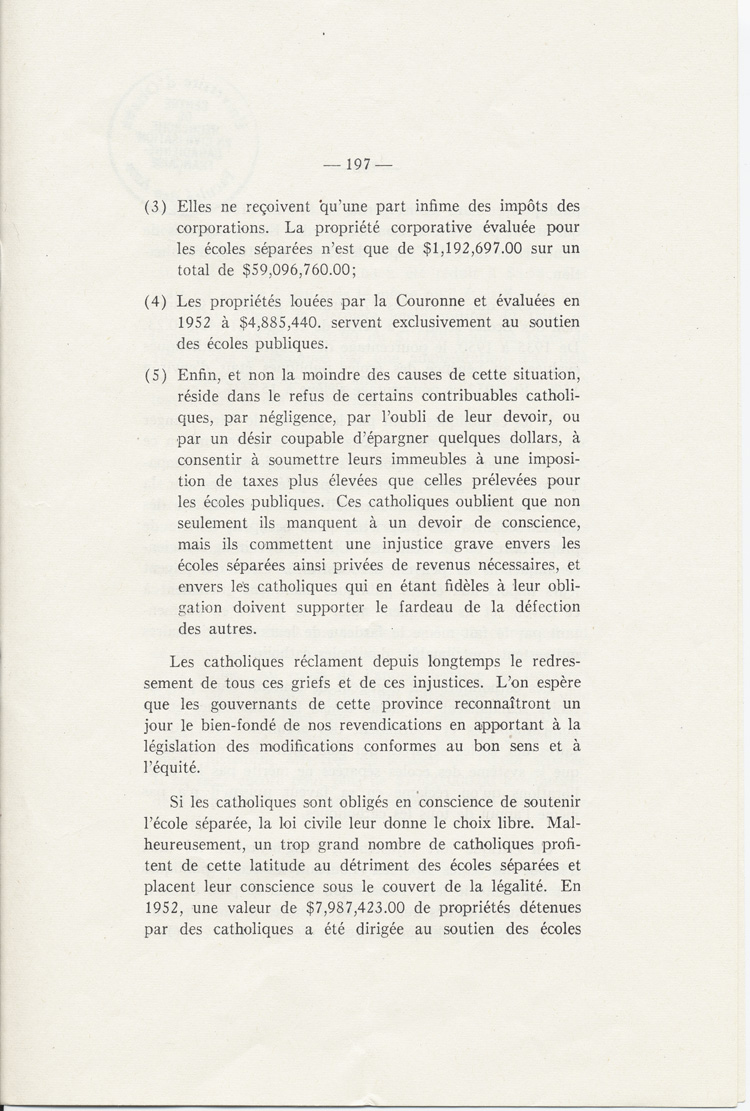 Reproduction de la cent quatre-vingt-dix-septi&egrave;me page du dix-septi&egrave;me num&eacute;ro du sixi&egrave;me volume de Circulaires au clerg&eacute; du dioc&egrave;se d’Ottawa, 1940-1953, comprenant une lettre-circulaire de Mgr Alexandre Vachon, archev&ecirc;que d’Ottawa, intitul&eacute;e Devoir qui incombe aux catholiques de soutenir les &eacute;coles s&eacute;par&eacute;es, 25 mars 1952.